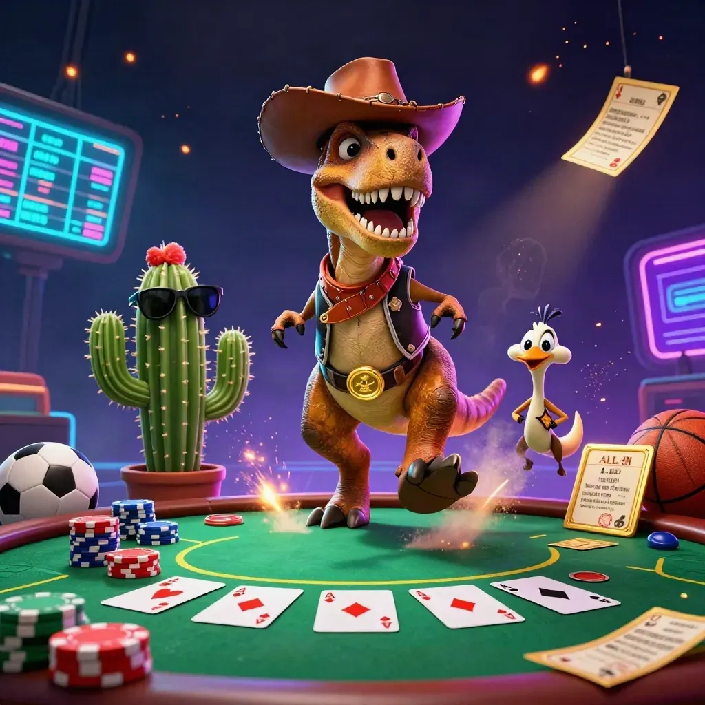 Cowboy-T-Rex, Kaktus und Roadrunner zwischen Casino-Chips, Ball, Funken und Glut
