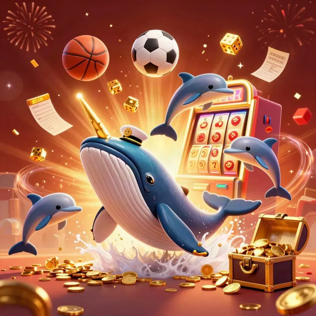 Wal, Narwal und Delfine sprengen Münzen, Slot, Bälle und Gold im Casino-Glanz.