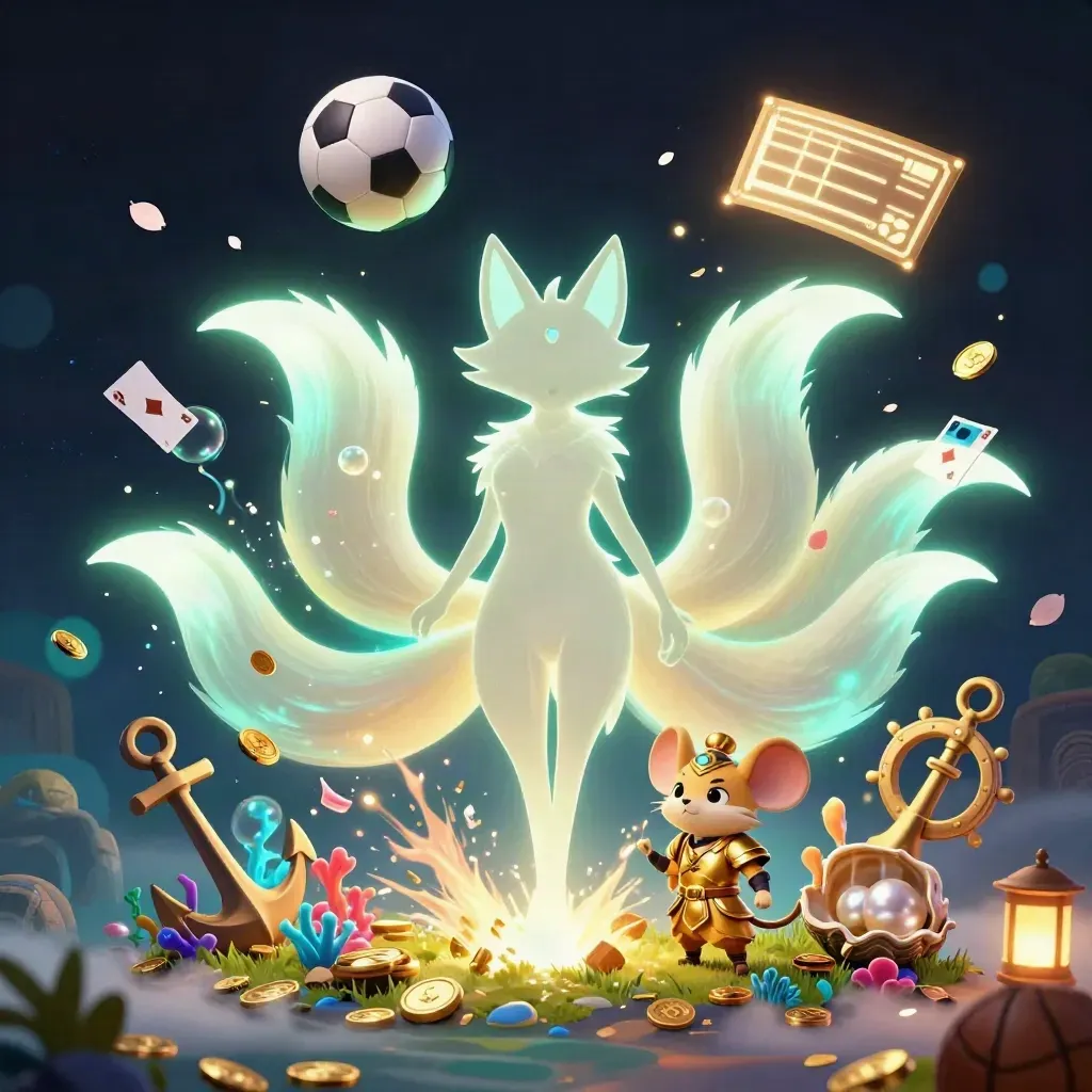 Neon-Fuchsgeist und Samurai-Maus über explodierendem Fußball, Goldmünzen und Magie.