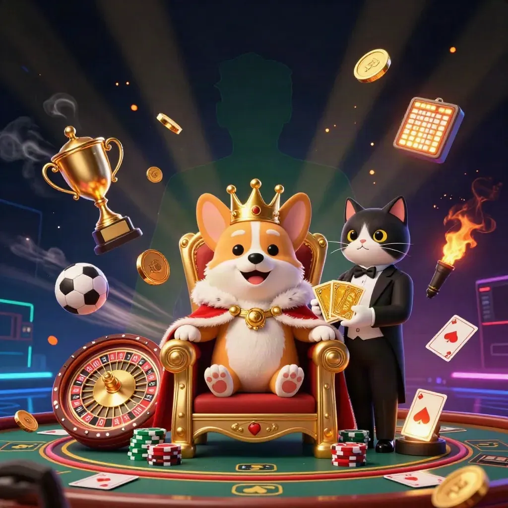 Königlicher Mops auf Pokerchip-Thron mit Butler-Katze, Gold, Neon und Casino-Licht.