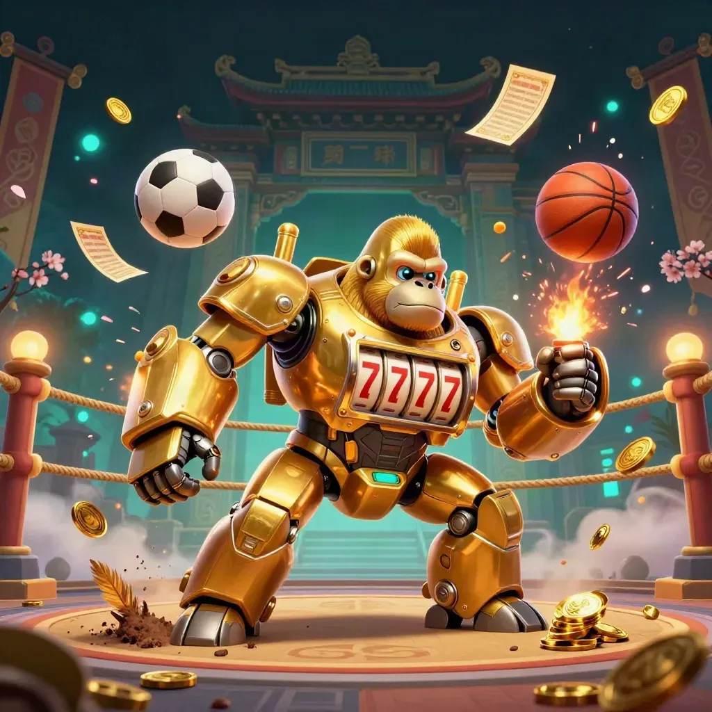 Goldener Gorilla-Mech mit Affenpilot, Bällen und Casino-Elementen vor Tempeltor und Lichteffekten.