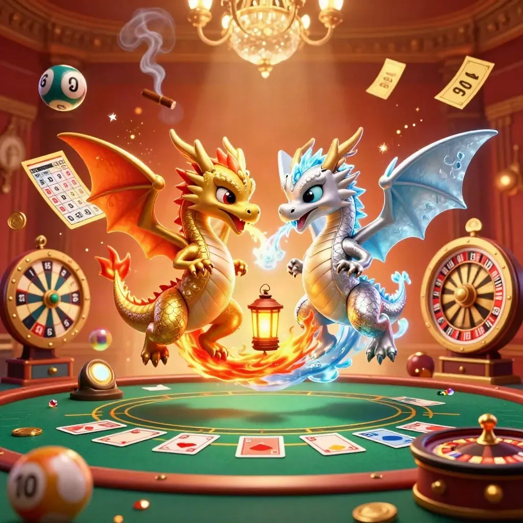 Goldener und silberner Drache umkreisen eine kleine Laternenfee im Casino-Licht.
