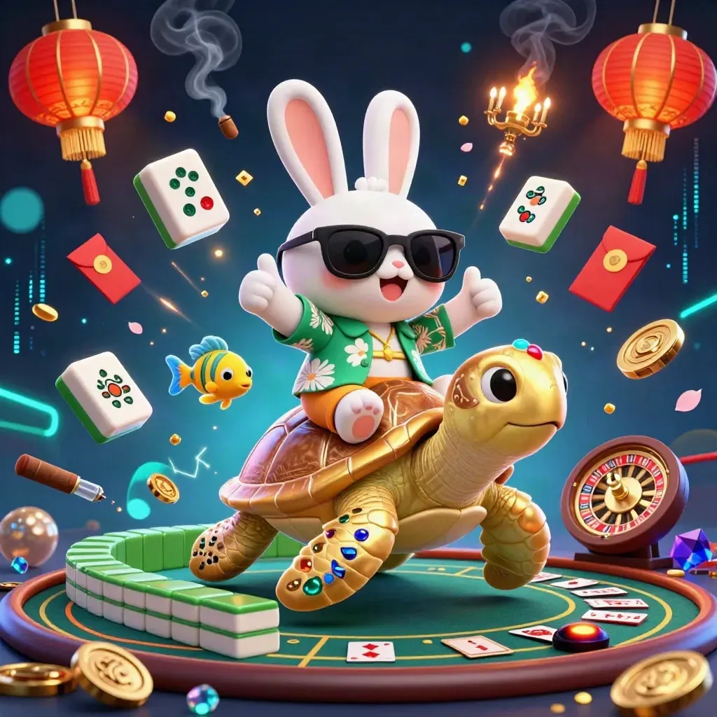 Lustiger Hase auf goldener Schildkröte im Neon-Casino mit Spielsymbolen und Lichtblitzen
