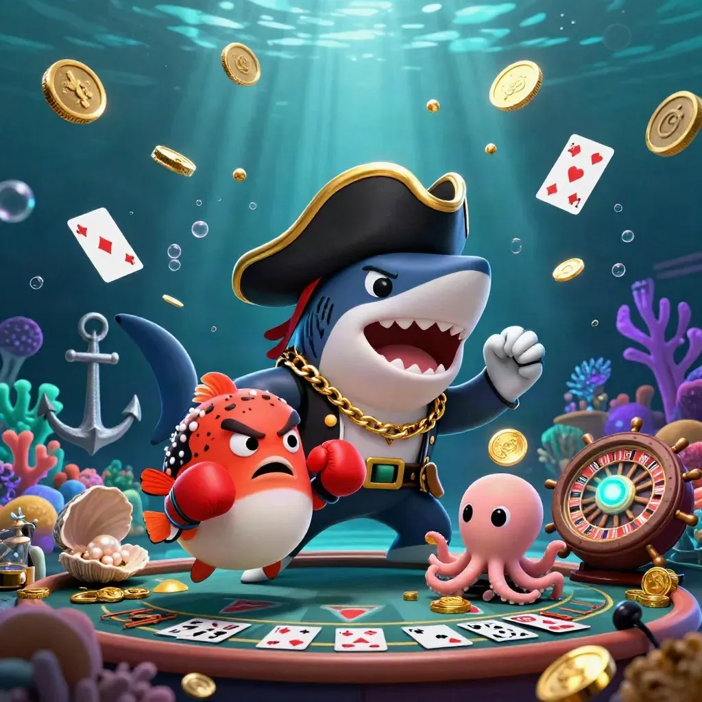 Sharkpirat, roter Kugelfisch und Babykrake in einer glitzernden Unterwasser-Zockerszene.