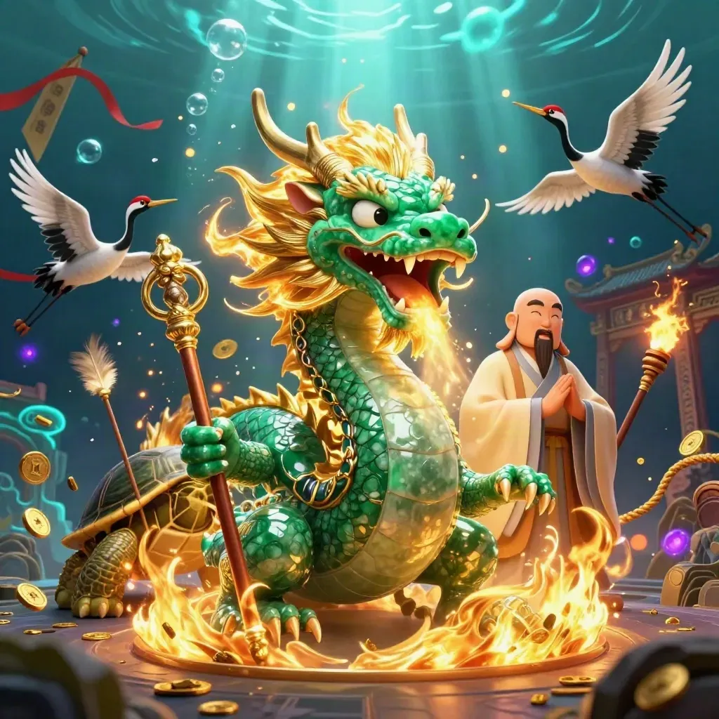 Jade-Drache, Schildkröte mit Stab und Kraniche in einer leuchtenden Unterwasser-Casinosszene.