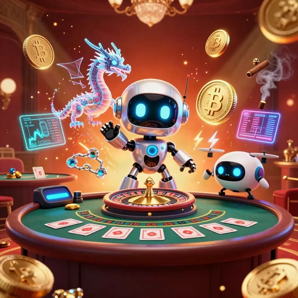 Cyberpunk-Roboter, Hologramm-Drache und Drohne im Luxus-Casino mit Goldlicht