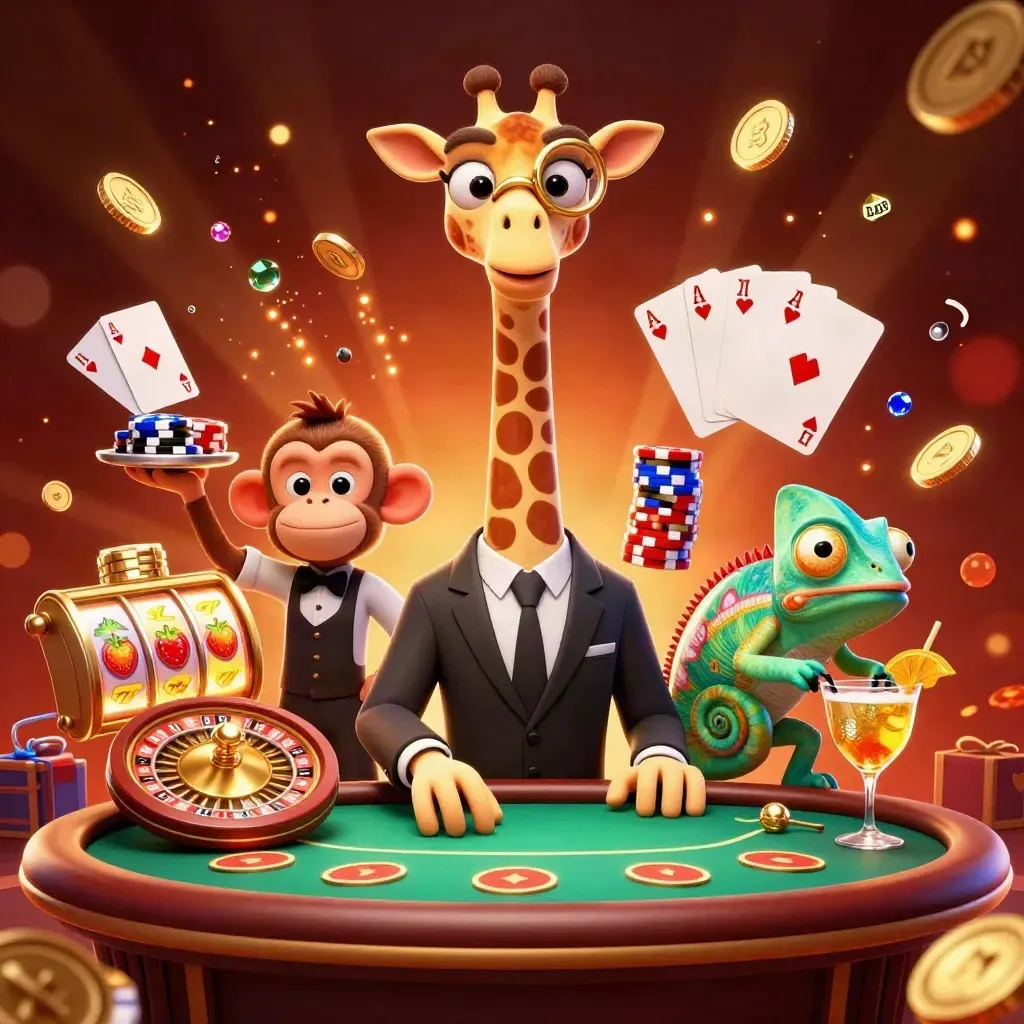 Giraffe, Affe und Chamäleon am Pokertisch, umgeben von Münzen, Karten und Casino-Glanz