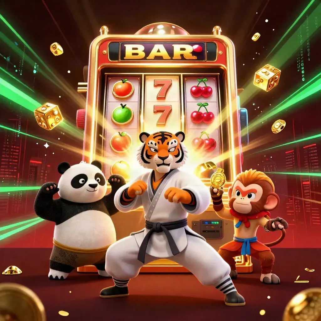 Tigermeister, Panda und Affe vor explodierendem Spielautomaten, Gold und Neon im Casino-Look.
