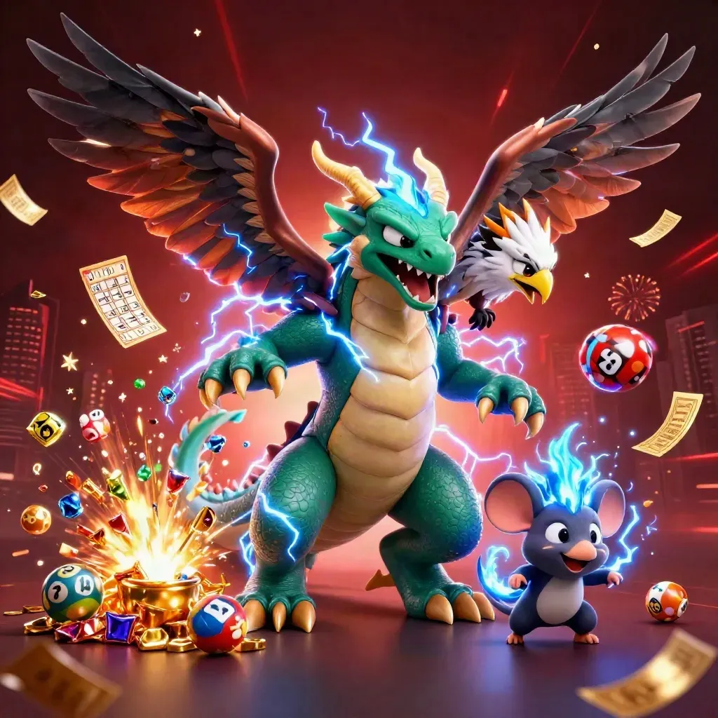 Drachen, Windfalke und Blitzmaus in einer goldenen Schatzkaskade mit Funken und Stadtsilhouette