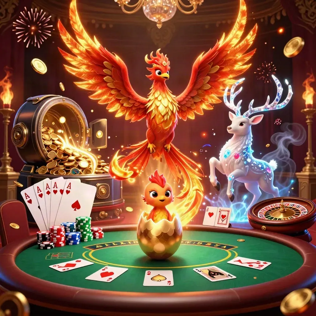 Feuriger Phoenix, Hirsch und Casino-Explosion mit Goldregen und Karten.