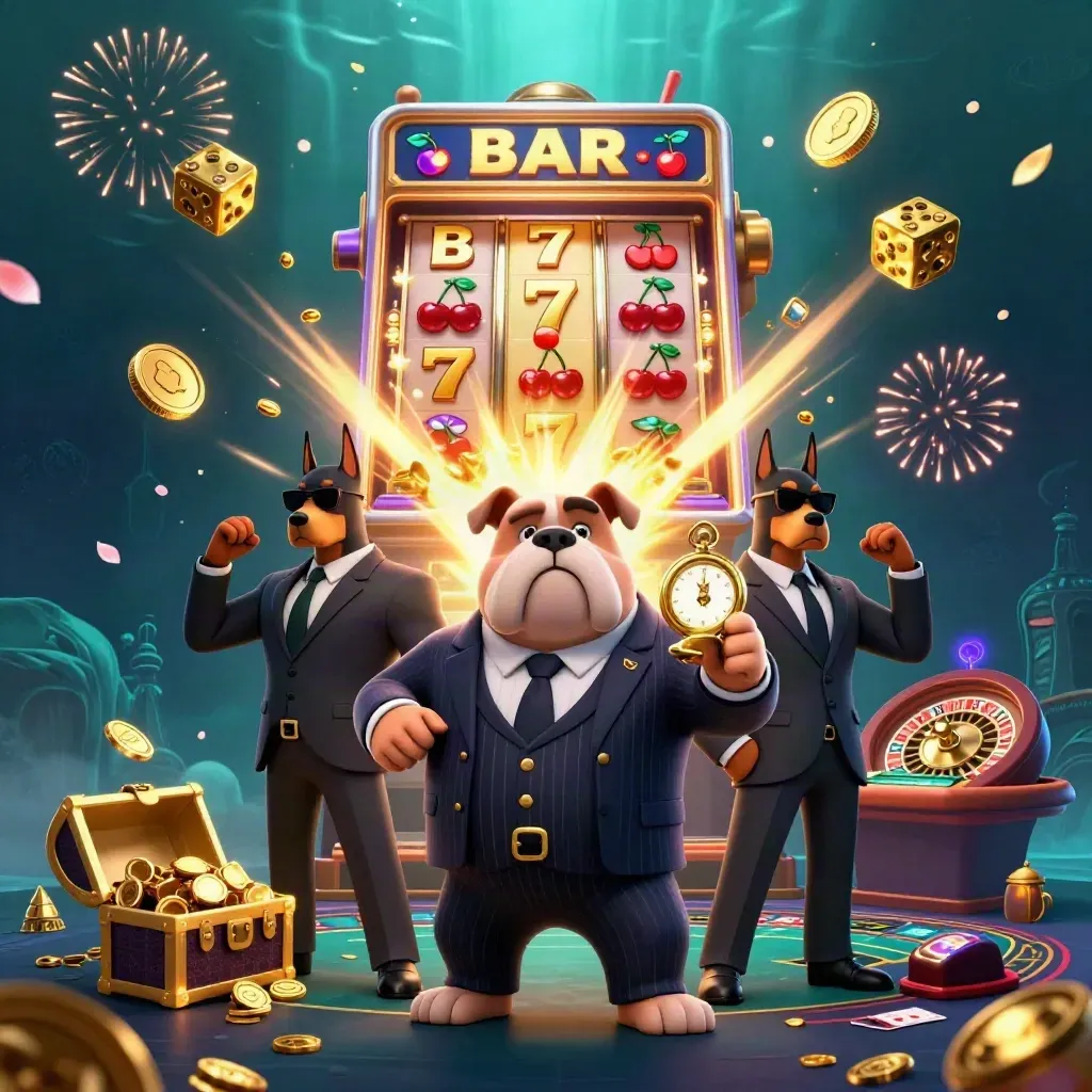 Bulldog-Mafioso mit zwei Dobermännern, Jackpot, Goldregen, Roulette und Karten im Luxus-Casino-Stil.