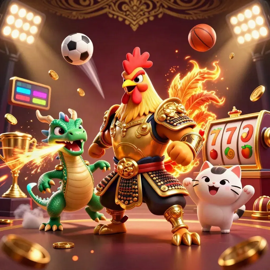 Rooster-Krieger, Drachenbaby und Glückskatze vor Neon-Casino-Hintergrund mit Münzen und Sportbällen