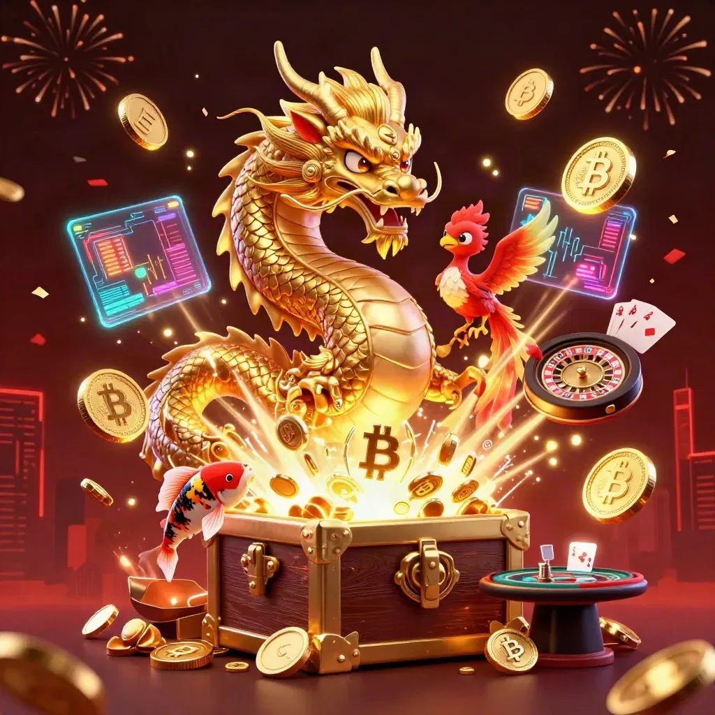 Goldener Drache mit Phönix, Koi, Münzen, Karten und Feuerwerk im luxuriösen Casino-Look.