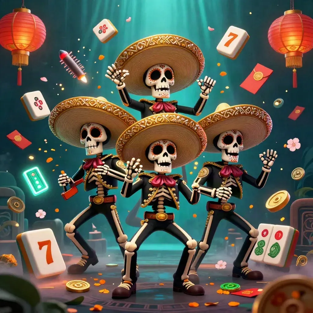 Drei Skelett-Mariachi mit Sombreros, umgeben von Mahjong, Laternen, Münzen und Casino-Effekten.