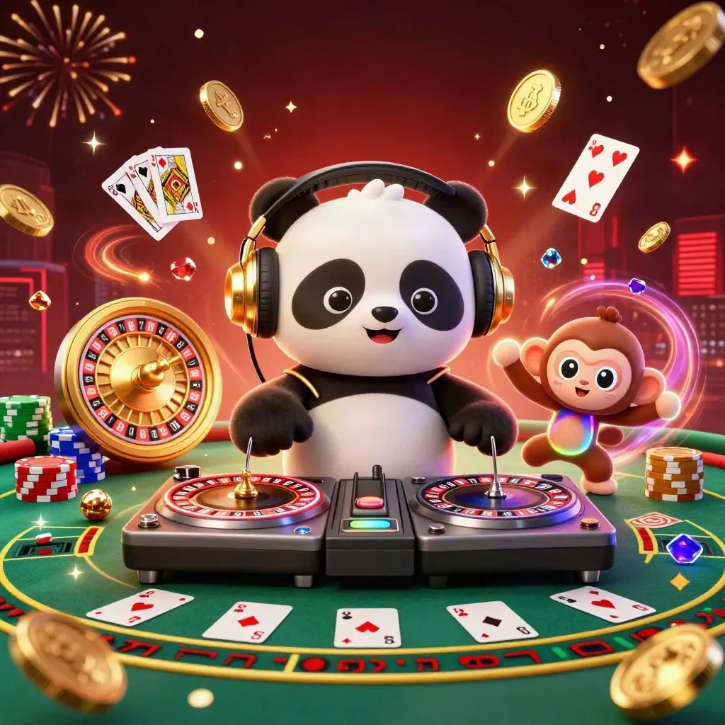 3D-Panda-DJ, breakdance-Affe und leuchtendes Kätzchen zwischen Goldmünzen, Roulette und Feuerwerk