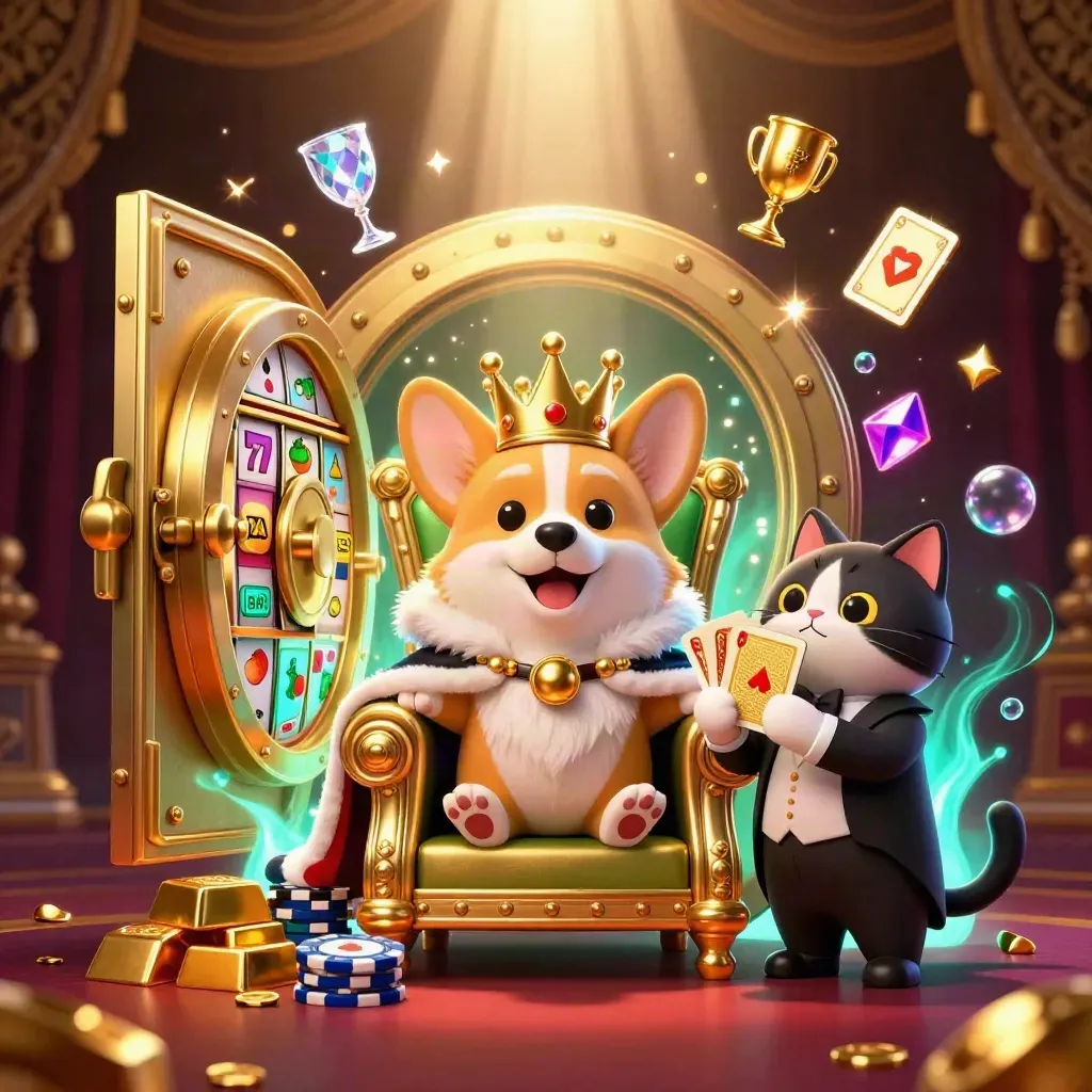 Königlicher Corgi und Kater-Butler auf Pokerchips, umgeben von Gold und Lichteffekten
