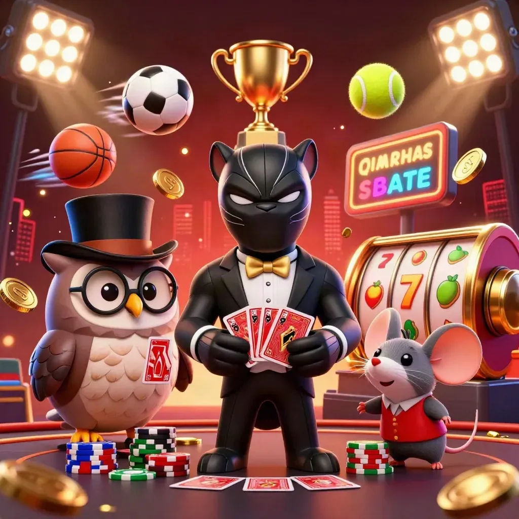 Panther im Smoking, Eule mit Zylinder und Maus vor Casino-Lichtern und Spielsymbolen