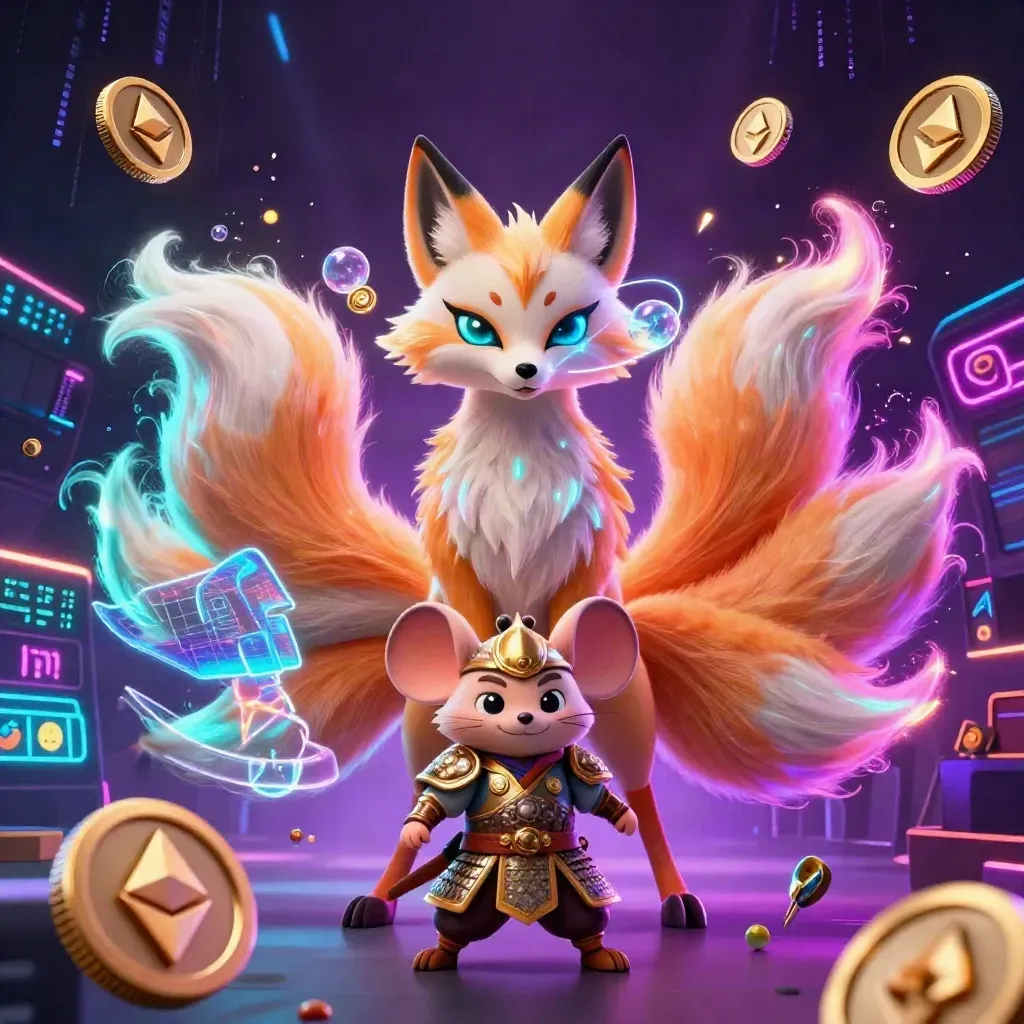 Neunschwänziger Fuchsgeist mit Samuromaus, Neon-Orbs, Coins und Slot-Symbolen im Dunkelraum