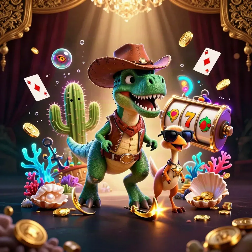 3D Cowboy-T-Rex mit Kaktus und Sheriff-Roadrunner in goldener Unterwasser-Schatzszene.