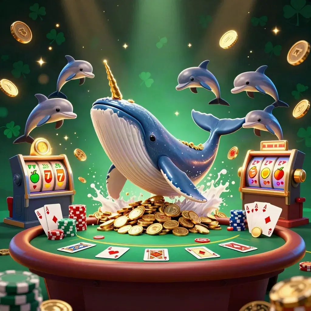 Gigantischer Cartoon-Wal, Narwal und Delfine in Goldmünzen mit Casino-Licht.
