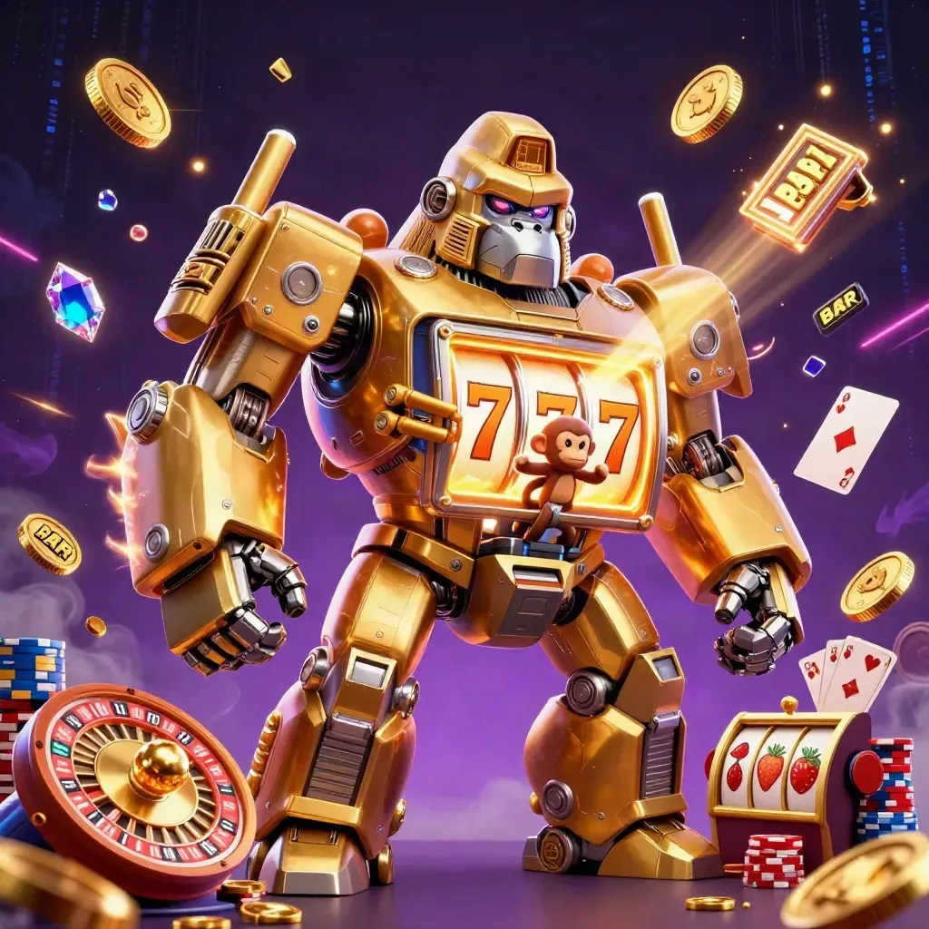 Goldener Gorilla-Mech mit Casino-Teilen, Münzen und Neonenergie vor dunklem Sternenraum